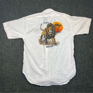 Vintage Jambo Kenya 70s Button Up Shirt Lion Men Large Single Stitch Texprint